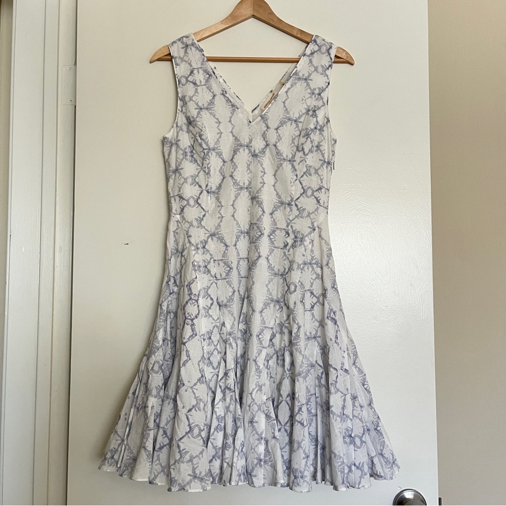 Rebecca Taylor Ikat Tie Dye Print Cotton Fit & Flare Blue Cream Mini Dress sz 0 - Picture 3 of 11